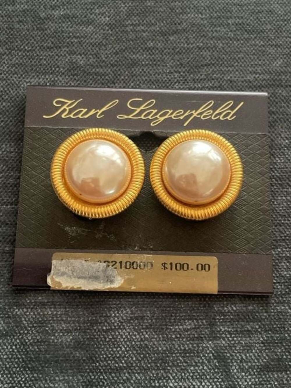 Vintage Karl Lagerfeld Gold Tone Textured Rope Mabe Pearl Clip-On Earrings